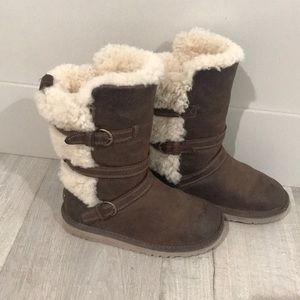 UGG brown leather fur winter boots girls 12